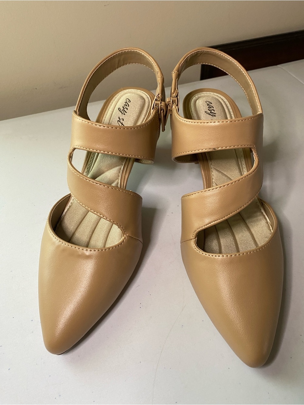 easy street Tan Pointed-Toe Crisscross Slingback Heels 6.5WW